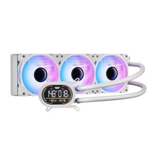 Cooling radiator with three RGB fans and a digital display showing temperature and RPM.