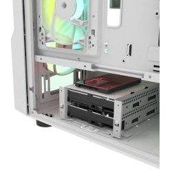 Interior of a white computer case showing colorful fans and two dark hard drives mounted.