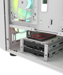 Interior of a white computer case showing colorful fans and two dark hard drives mounted.