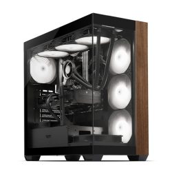 A sleek computer case with glass panels, showcasing white fans and a dark interior.