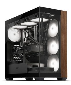 A sleek computer case with glass panels, showcasing white fans and a dark interior.