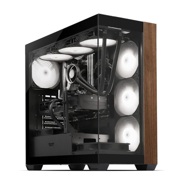 darkFlash DS900 Wood Edition ATX Mid-Tower PC Case – 7x Pre-Installed ARGB Fans, Dual Tempered Glass, Type-C Port, 360mm Radiator Support – Black - Image 2