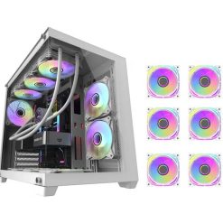 White computer case featuring multiple RGB fans and a sleek design, alongside six additional fans.