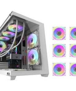 White computer case featuring multiple RGB fans and a sleek design, alongside six additional fans.