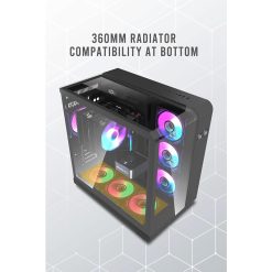 Black computer case with RGB fans and 360mm radiator compatibility at the bottom.