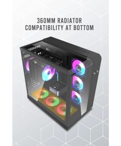 Black computer case with RGB fans and 360mm radiator compatibility at the bottom.