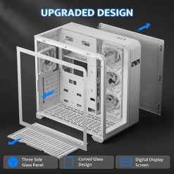 White computer case showcasing three glass panels, curved design, and digital display screen.