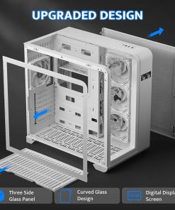 White computer case showcasing three glass panels, curved design, and digital display screen.