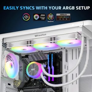 ARGB computer setup featuring colorful fans, components, and cooling system with white casing.