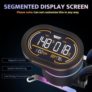 Digital display screen showing temperature, CPU, and RAM stats with a sleek black design.