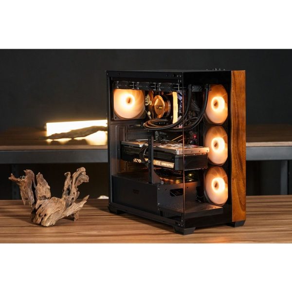 darkFlash DS900 Wood Edition ATX Mid-Tower PC Case – 7x Pre-Installed ARGB Fans, Dual Tempered Glass, Type-C Port, 360mm Radiator Support – Black - Image 3