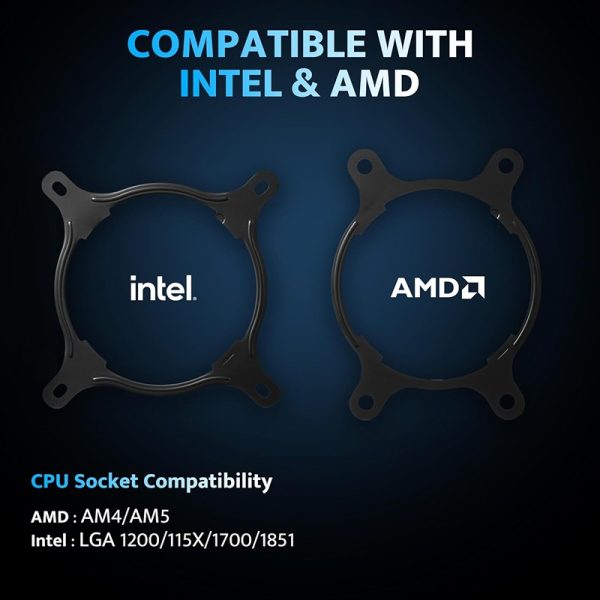 Black mounting brackets displaying "Intel" and "AMD" logos for CPU socket compatibility.