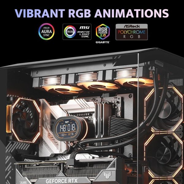 RGB-lit computer components showcase vibrant colors and a digital display inside a glass case.