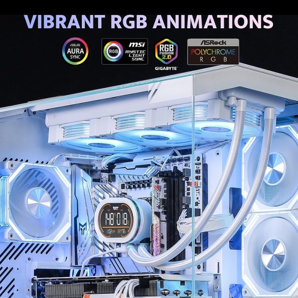 RGB-lit computer case showcasing colorful components and a digital temperature display.
