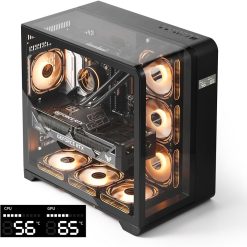 Gaming PC with transparent case, illuminated fans, and GPU temperature display.