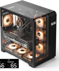 Gaming PC with transparent case, illuminated fans, and GPU temperature display.