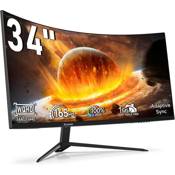 NOC 34" Curved Gaming Monitor 1500R Ultra-Wide QHD 3440x1440 165Hz 1ms, FreeSync, HDMI/DP, 100% sRGB, Built-in Speakers, RGB Backlight