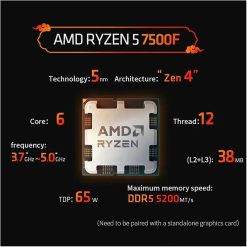 Alternative view of AMD Ryzen 5 7500F 6-Core 12-Thread 3.7GHz Desktop Processor, 5nm, 32MB Cache, AM5 Socket – Without Cooler (Tray Piece)