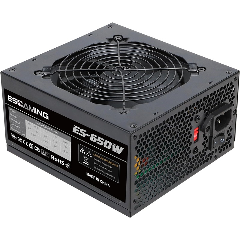 ESGAMING 650W Non-Modular ATX Power Supply 6+2 Pin PCIe Connectors Auto-Thermal Controlled 120mm Fan PFC Protection Dual 115/230V Input Switch