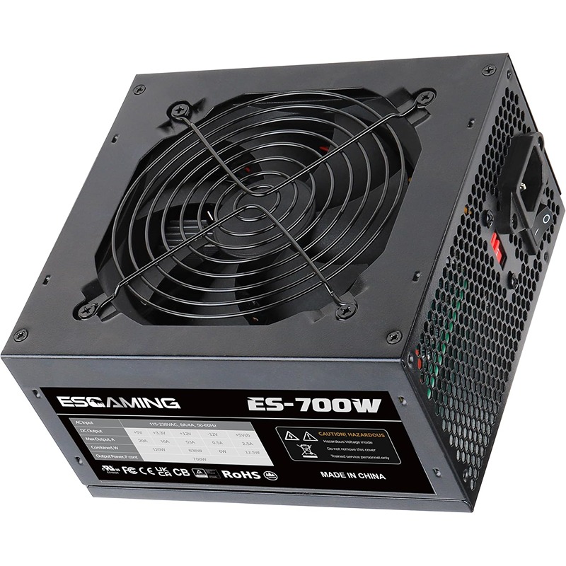 ESGAMING 700W Non-Modular ATX Power Supply 6+2 Pin PCIe Connectors Auto-Thermal Controlled 120mm Fan PFC Protection Dual 115/230V Input Switch Black