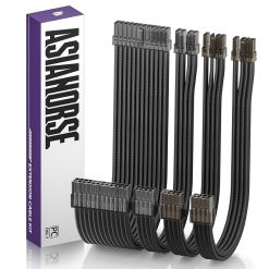 AsiaHorse 16AWG Sleeved PSU Extension Cable Kit Soft Braided Custom Mod Cables with Comb Set 24-Pin 8-Pin 6+2-Pin 4+4-Pin Connectors 30CM - Bright Black