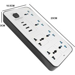 UK Power Extension Cord 2M 6 Socket Power Strip 3 USB + USB-C PD Charging Port Surge Protector 2000W Multi Plug Extension Lead - White