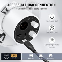 FIFINE K688 Dynamic Microphone USB/XLR Cardioid Studio Mic with Monitoring, Mute & Volume Control – White