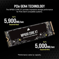 Corsair MP600 CORE XT 2TB PCIe Gen4 x4 NVMe M.2 2280 SSD داخلي بسرعة تصل إلى 5900MB/s لأجهزة الكمبيوتر المكتبية والمحمولة - أسود
