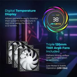 مبرد المعالج السائل TORTOX Nivora Vibe 360 مم ARGB AIO مع شاشة رقمية لعرض درجة الحرارة، بقدرة TDP تبلغ 300 واط، ومضخة بسرعة 3000 دورة في الدقيقة - أسود